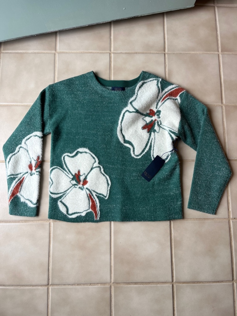 Rachel Roy Green Floral Crewneck Sweater with White Accent Flowers, Tropical